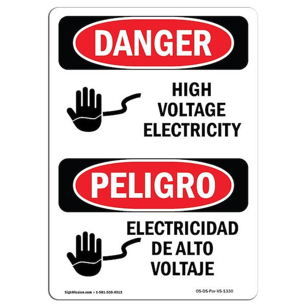Safety Sign, OSHA Danger, 5" Height, High Voltage Electricity Spanish, 10PK